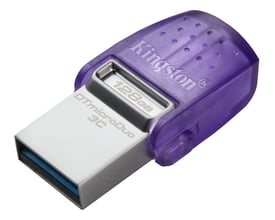 Kingston DataTraveler microDuo 3C USB-nøgle med 128 GB lagerplads og lilla hus, set skråt med metalstik synligt.