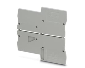 Nærbillede af Phoenix Contact endeplade D-STIO 2,5/3, der viser den grå plaststruktur og mærkningsfelter.