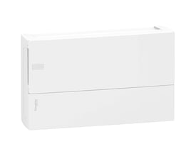 Schneider Electric MiniPragma afdækning, hvid, 1x18 moduler, med logo synligt på en af siderne.
