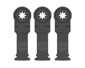 Tre Ironside HCS-savklinger til multicutter, 32 mm og Starlock, vist forfra med tandede skærekanter.