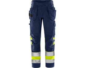 Kansas Fristads Green håndværkerbukser 2640 GPL i gul og marineblå, str. C52, med hi-vis detaljer og CORDURA-forstærkninger.