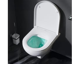 AM.PM Hit toiletsæt i hvid med åben kumme og grønt vand, uden skyllekant og toiletsæde monteret.