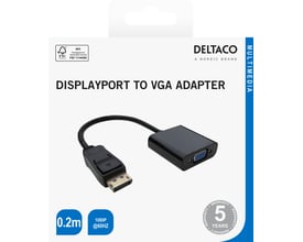 Emballage til Deltaco DisplayPort til VGA-adapter, sort og 0,2 meter, med stik og adapter vist på forsiden.
