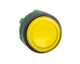 Schneider Electric Lampetrykhoved ZB5 LED i gul plast med ophøjet trykflade, vist på hvid baggrund.