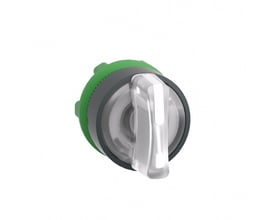 Schneider Electric Harmony Style 5 drejegreb med lys i hvid kunststof, Ø 22 mm, set fra siden med grøn bagmontering og tydelig visning af betjeningshåndtag.