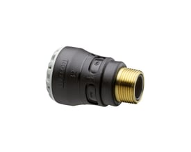 Plasson overgang med udvendig gevind, 20 mm x 1/2", fremstillet af PP og messing med PN16 trykklasse.