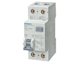 Siemens RCBO 10A, 230V, 30mA, C-karakteristik, 6kA, 1-polet + N, type AC, en enhed der kombinerer automatsikring og fejlstrømsafbryder.