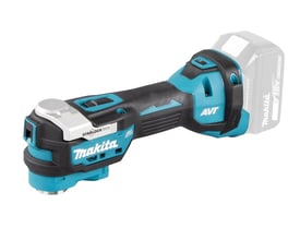 Makita 18V multicutter i turkis og sort med STARLOCK MAX og AVT mærker, viser batteri-porten.