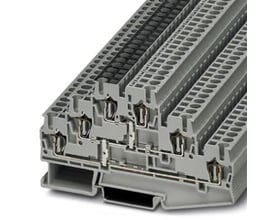 Detaljebillede af Phoenix Contact ST 2,5-3PV klemmen, der viser fjederkrafttilslutningerne og potentialstikket i nærbillede.