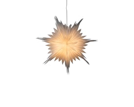 Isoleret billede af en hvid Konstsmide papirstjerne med lyskilde indeni, sat op mod en ensfarvet hvid baggrund.