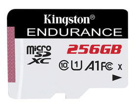 Kingston Endurance microSDXC 256GB hukommelseskort i sort og hvid med U1 A1 mærke og 95MB/s læse-/45MB/s skrivehastighed.