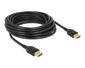 Sort 5 meter Delock DisplayPort kabel 8K DP 1.4, med gyldne stik og trykknapudløsere på hver ende.
