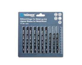 Thürmer stiksavklinger til metal, træ og plast, 10 stk. i assorteret pakke, vist på en hvid baggrund.