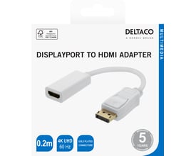 Deltaco DisplayPort til HDMI-adapter i hvid med 0,2 meter kabel, vist på emballagen med begge stik.