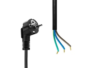 MicroConnect Schuko-strømkabel på 3 meter i sort med Schuko-stik og tre synlige ledere i den åbne ende.