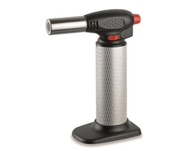 Kemper gasbrænder med glimtænder, regulator og genopfyldelig gastank, vist på hvid baggrund.