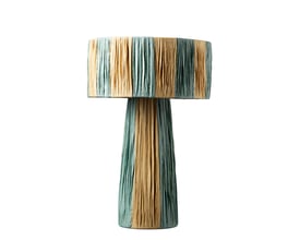 Jore Copenhagen Mushroom bordlampe i blå og gyldne farver, 38x28 cm, fremstillet af bast, isoleret på hvid baggrund.