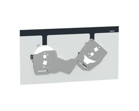 Detaljeret billede af Schneider Electric låsesystemet, der viser de to mekaniske låsekomponenter og deres sammenkobling på en hvid plade.