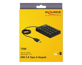 Emballage til Delock USB numerisk tastatur med 19 taster, vist på en gul baggrund med produktbilleder og information.