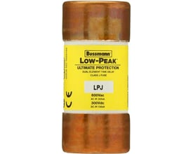 Eaton LOW-PEAK Class J T/D sikring med 60A, 600Vac, 300kA AC brydeevne og time-delay funktion, vist på hvid baggrund.