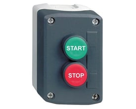 Schneider Electric trykknapbox XALD med rød stop og grøn startknap. Mørkegrå plastboks med skruemontering.