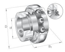 Schiøtt & Venner spændingsleje GE25-XL-KTT-B med sfærisk yderring og T-tætninger på begge sider, vist med dimensioner.