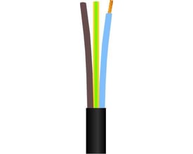Sort H03VV-F rund PVC tilledning 3G0,75 mm² med brun, gul/grøn og blå ledere på hvid baggrund.