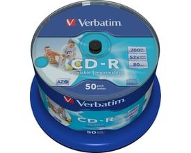 Verbatim CD-R med printbar blå og turkis overflade, 700 MB og 80 minutters spilletid, vist på spindel.