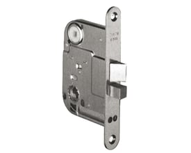 Assa Abloy mellemdørlås til cylinder, model forn.b522, set skråt forfra med låsekasse og rigler.