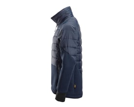 Snickers Workwear 1902 FlexiWork hybridjakke i navy/navymeleret, str. M, med quiltet overdel og stående krave.