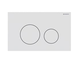 Geberit Sigma40 betjeningsplade i hvid mat med to runde skylleknapper, en stor og en lille.