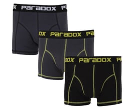 Tre Paradox herre boxershorts i str. M, stables bag hinanden: mørkeblå, grå med gul lynlås, og sort med gul lynlås.