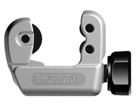 Ironside mini-rørskærer til Inox-rør, med kompakt sølvfarvet krop og sort justeringshjul, set fra siden.