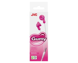 JVC HA-F14 Gumy in-ear stereo headphones i pink, vist på emballage med "Gumy" logo og information om produktet.