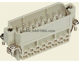 Detaljeret billede af Harting HAN A 16-polet hanstik med skrueterminaler og "Made in Germany" mærkning.