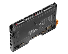 Weidmüller UR20-2AI-SG-24-DIAG analog input modul med 2 kanaler og DIN-skinne montering i sort plast.