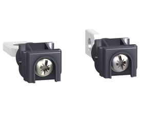 Schneider Electric kort bagforbindelse til 250A brug, viste to enheder med skruer og metaldele, isoleret på hvid baggrund.