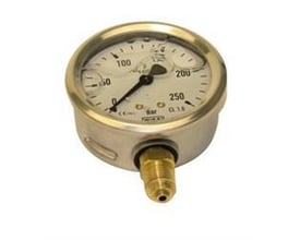 Wika hydraulik manometer, model MS 2563 GLY CR, med glycerinfyldt urhus og messingstuds på Ø63.