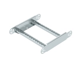 Detalje af OBO Bettermann ledbøjning til kabelstige, visuelt fremhævet galvanisering og 300 mm bredde.