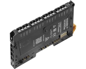 Weidmüller UR20-4AI-RTD-DIAG analog input modul med 4 indgange og u-remote system bus interface vist i perspektiv på en neutral baggrund.