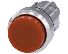 Siemens SIRIUS ACT 22mm oplyst trykknap i højglans orange metal med hævet trykflade og klik-montering.