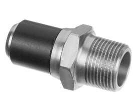 Georg Fischer ELGEF Plus overgangsnippel i PE100 og messing med 20mm tilslutning og 1/2" udvendigt gevind på hvid baggrund.