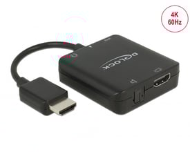 DeLock HDMI audio extractor i sort kompakt design med et fast HDMI-kabel og stik, der understøtter 4K 60 Hz.