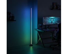 Moderne RGBIC+WW hjørnelampe på 146 cm oplyser et gamer-rum med forskellige farver som blå og grøn.