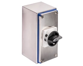 Kraus & Naimer reparationsafbryder med IP66 front og sort/gråt greb i robust rustfri stål kapsling.