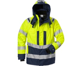 Kansas Fristads Hi-Vis Airtech jakke i gul og marineblå, str. 3XL, med reflekser og hætte, isoleret krave, og lynlåslukning.