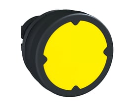 Schneider Electric trykknaphoved Ø22 med Ø37 mm gul trykflade i sort plast. Produktet er vist fra siden på en hvid baggrund.