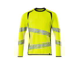 Bagfra af Mascot Hi-Vis sweatshirt i gul og sort, 5XL, med skrå reflekser og detaljer omkring kraven.