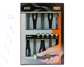 Bahco skruetrækkersæt BE-9885 med 5 Torx skruetrækkere, vist i pakken med et fokus på de ergonomiske skafter og farvekoder.