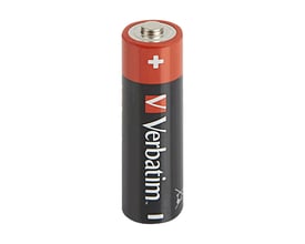 Et enkelt Verbatim alkaline AA batteri vist på hvid baggrund med pluspolen øverst og sort batterihus med logo.